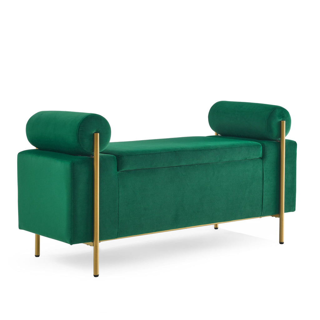 Green Upholstered Storage Bench with Cylindrical Arms