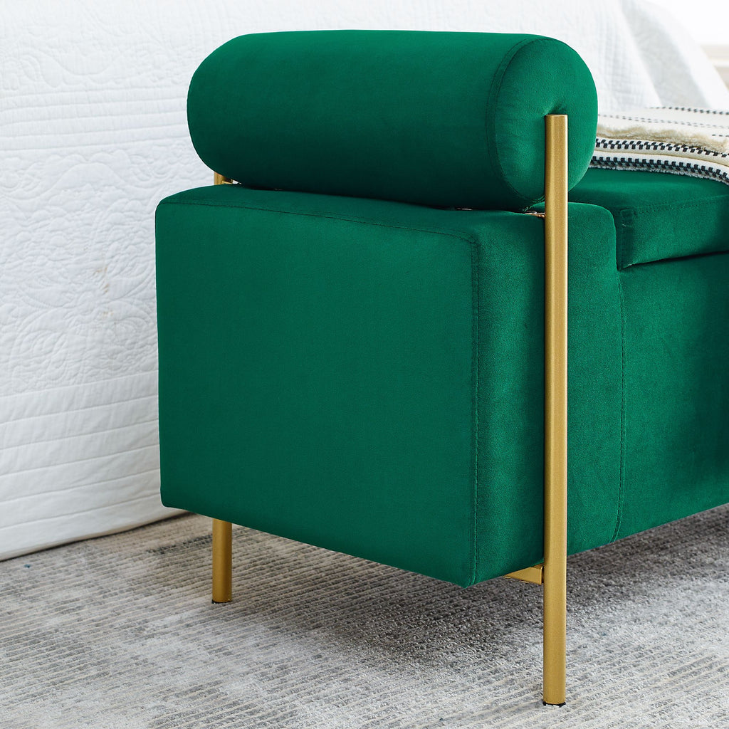 Green Upholstered Storage Bench with Cylindrical Arms