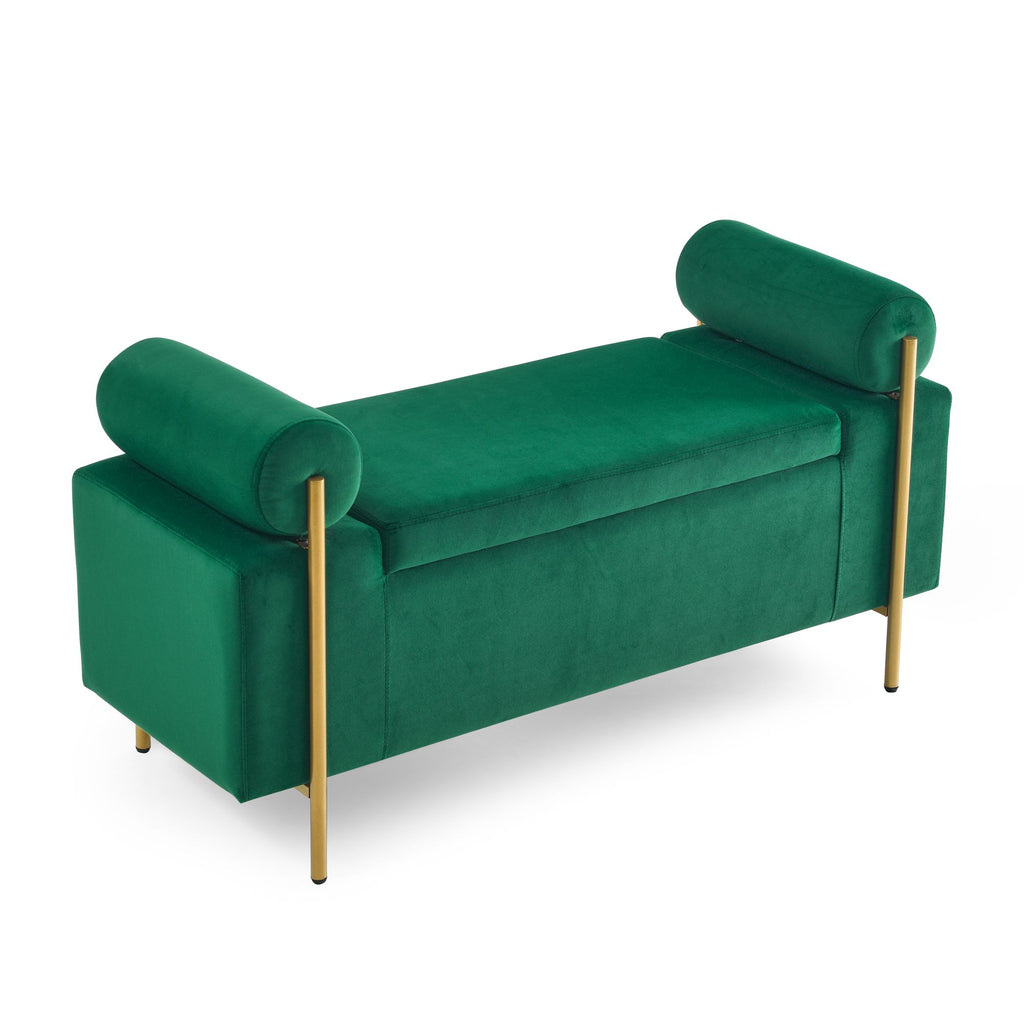 Green Upholstered Storage Bench with Cylindrical Arms
