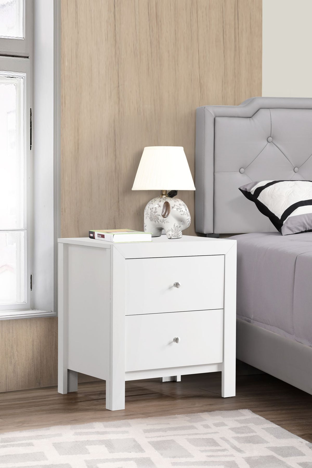 White Transitional Nightstand with Two Bedside Drawers