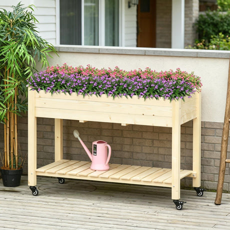 Elevated Wooden Raised Garden Bed with Lockable Wheels and Storage Shelf