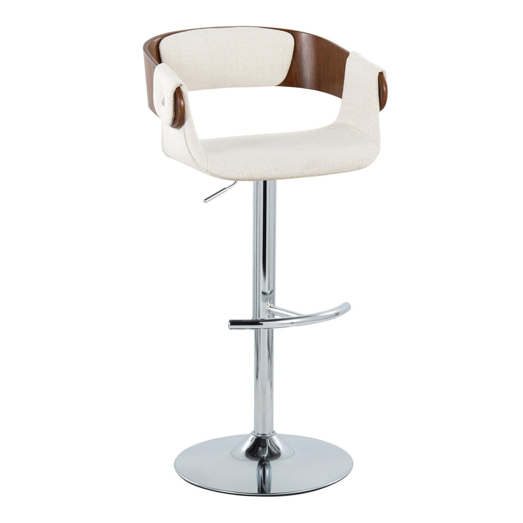 Elisa Mid-Century Modern Adjustable Barstool with Swivel in Chrome Metal, Walnut Wood and Cream Fabr