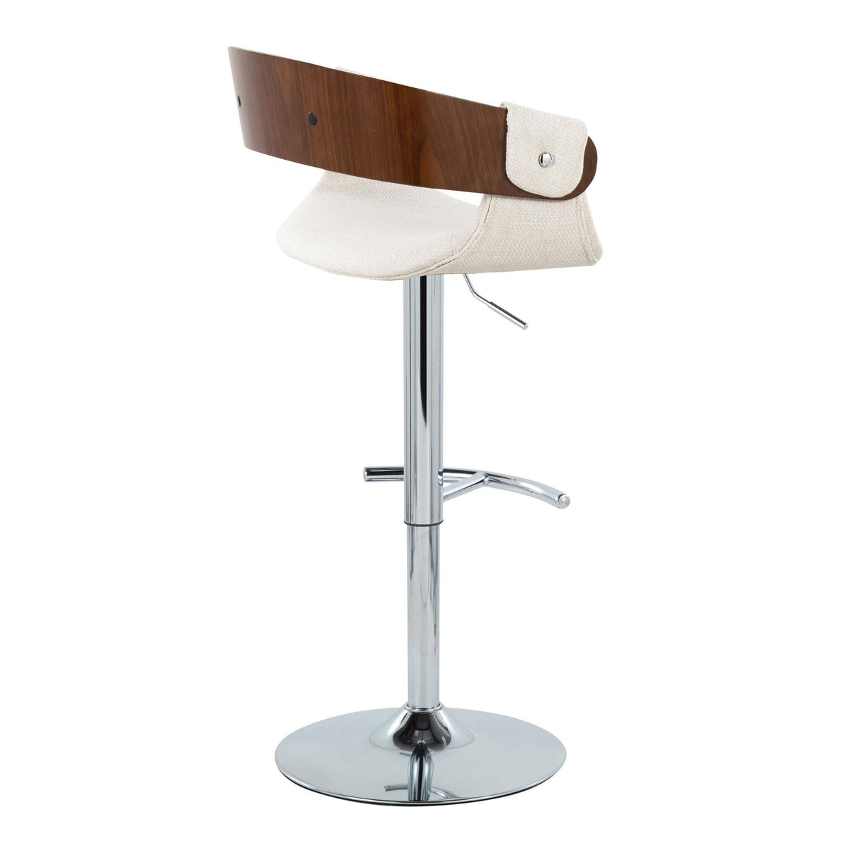 Elisa Mid-Century Modern Adjustable Barstool with Swivel in Chrome Metal, Walnut Wood and Cream Fabr