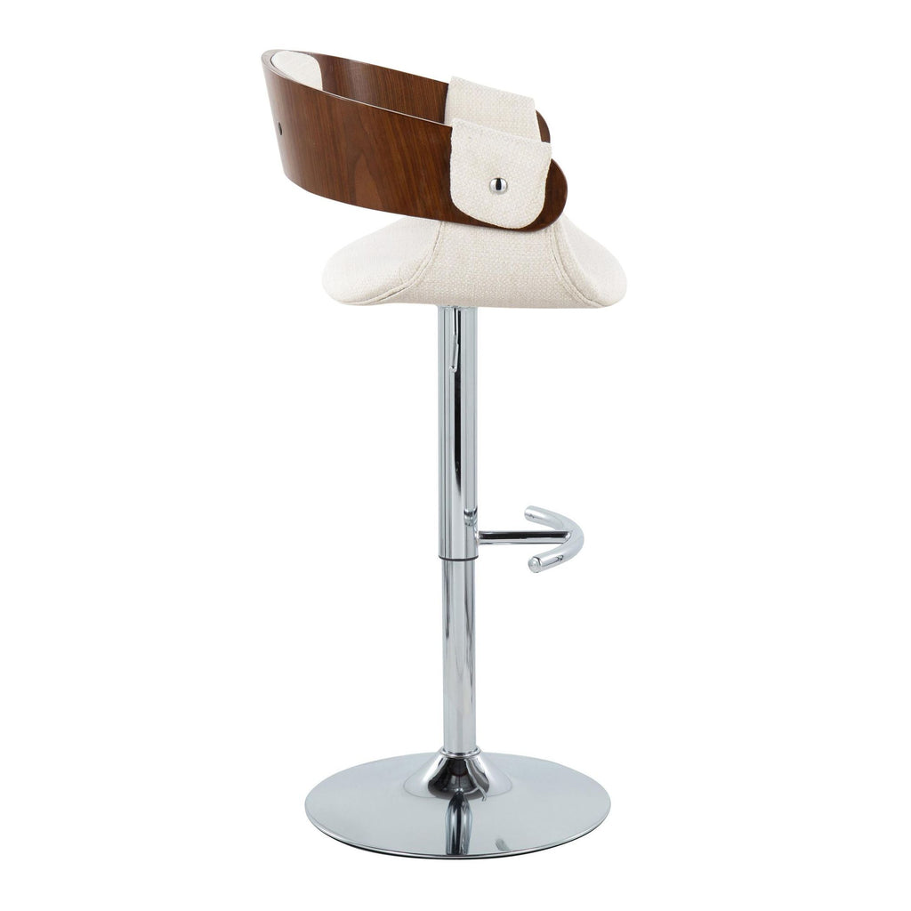 Elisa Mid-Century Modern Adjustable Barstool with Swivel in Chrome Metal, Walnut Wood and Cream Fabr