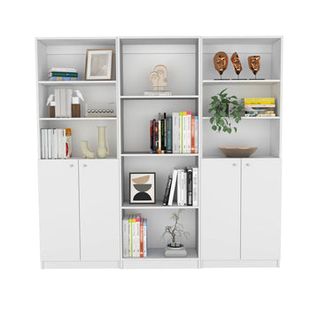 Emery 3-Piece Living Room Set with Bookcases – Open & Concealed Storage in White