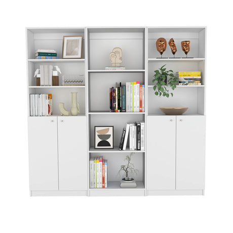 Emery 3-Piece Living Room Set with Bookcases – Open & Concealed Storage in White