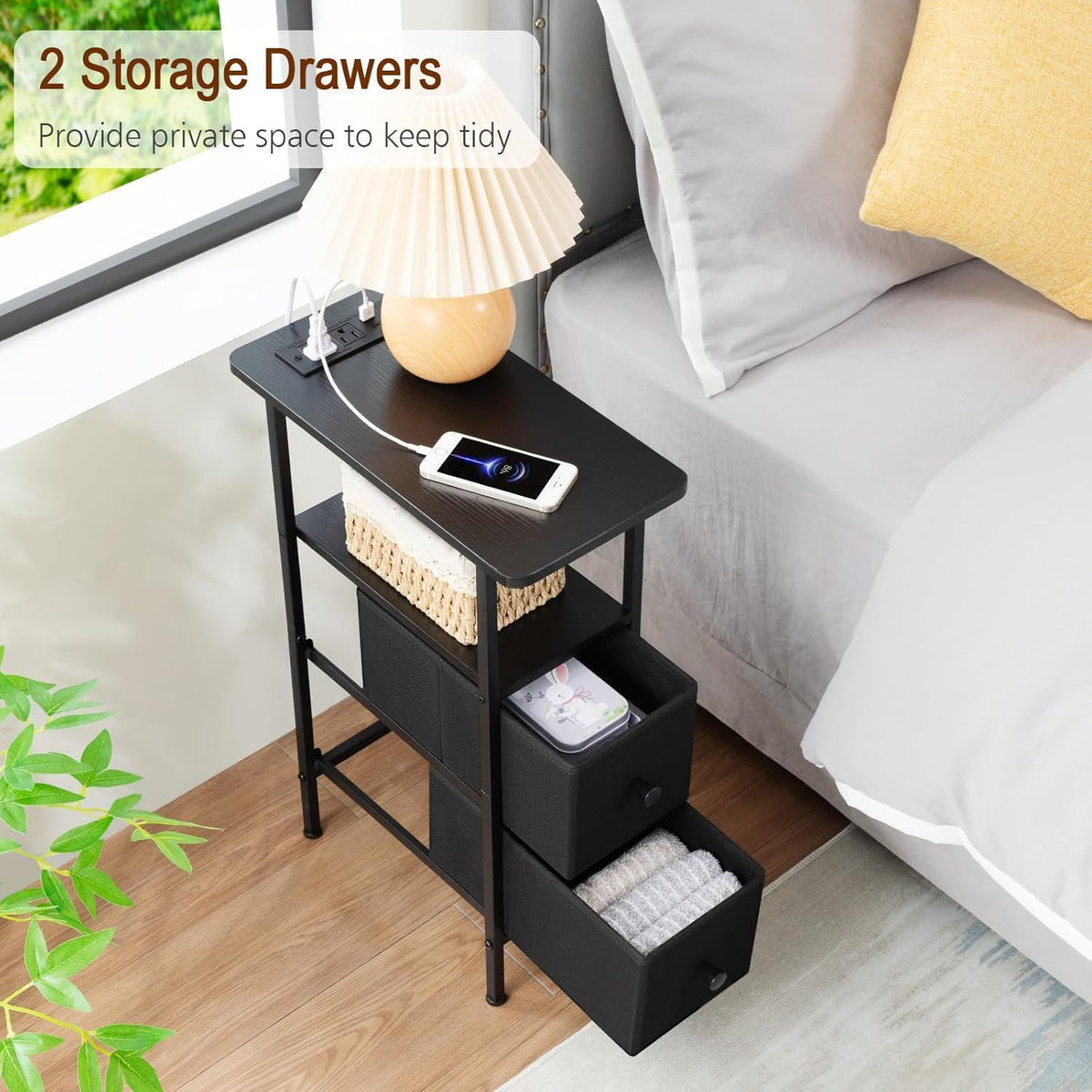 Narrow End Table with Drawers and Charging Station