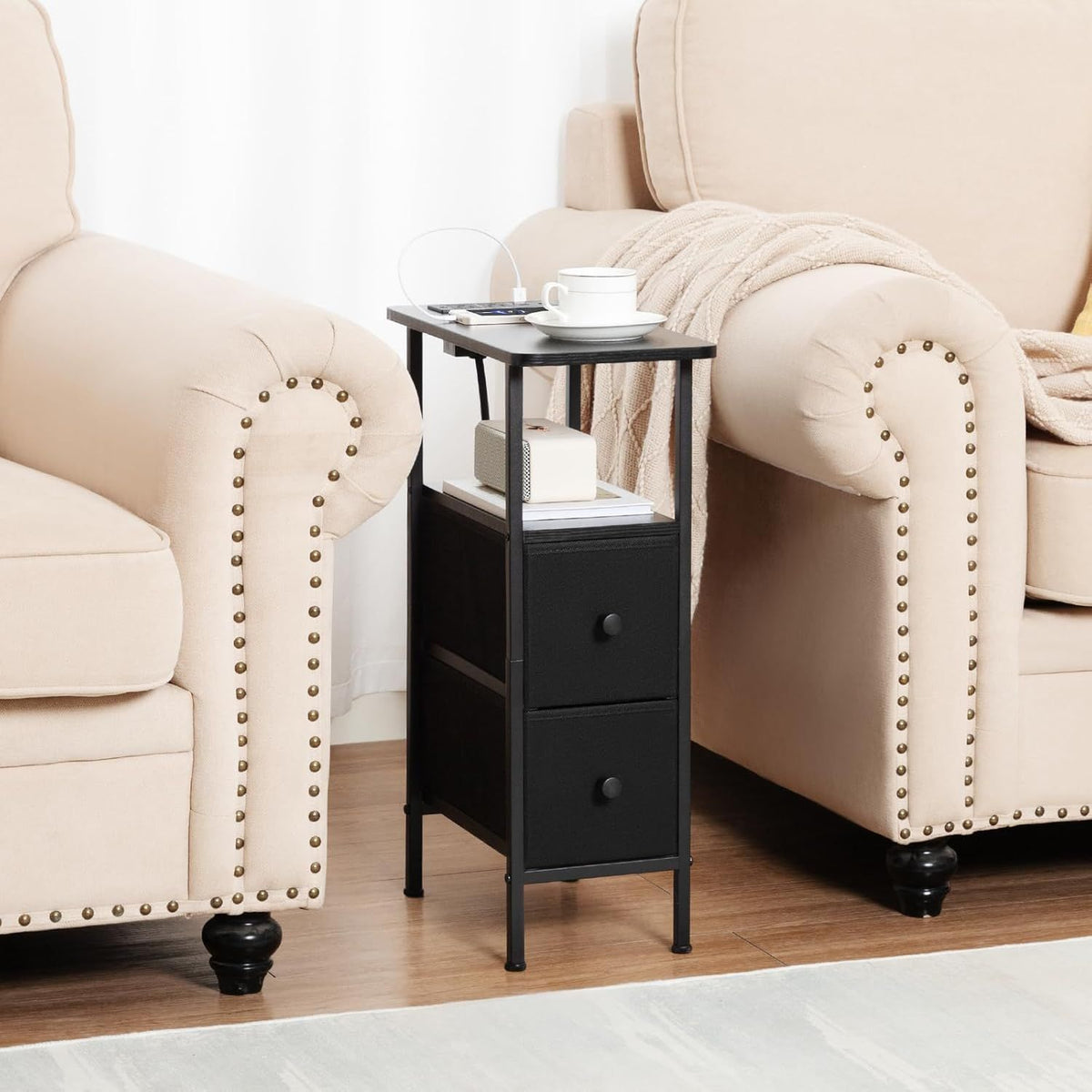 Narrow End Table with Drawers and Charging Station