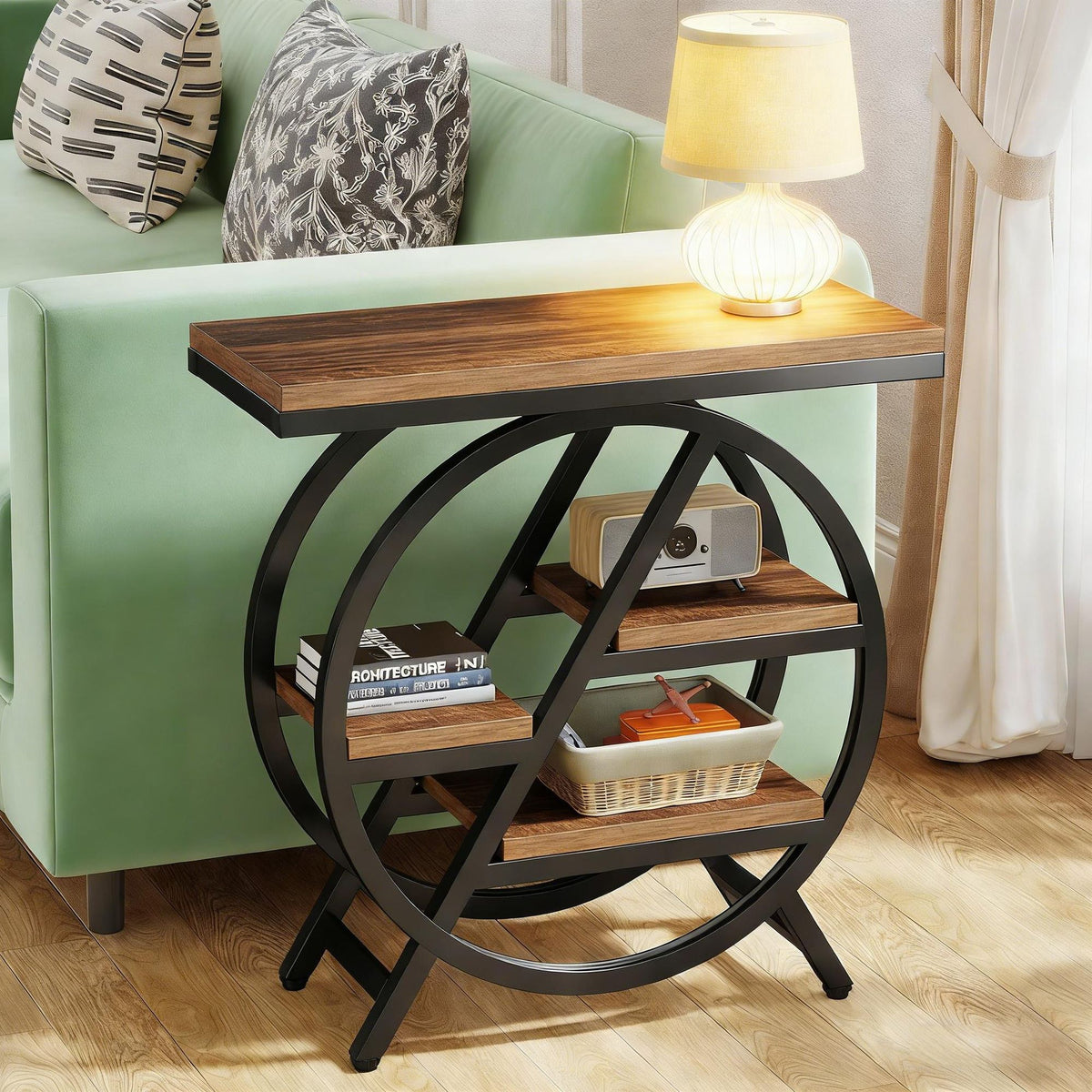 Industrial End Table with Staggered Storage Shelves