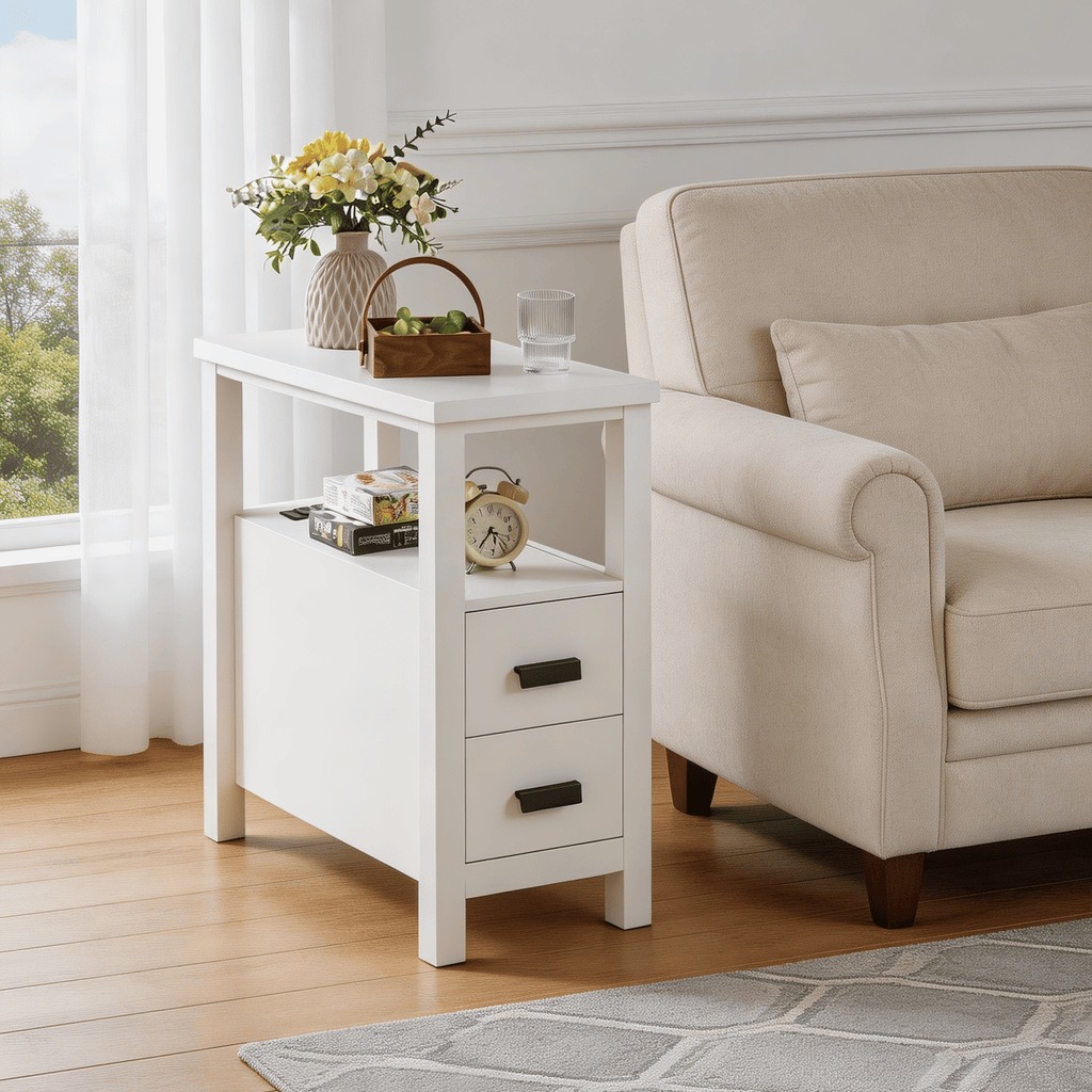 White End Table with Charging Station and Drawers