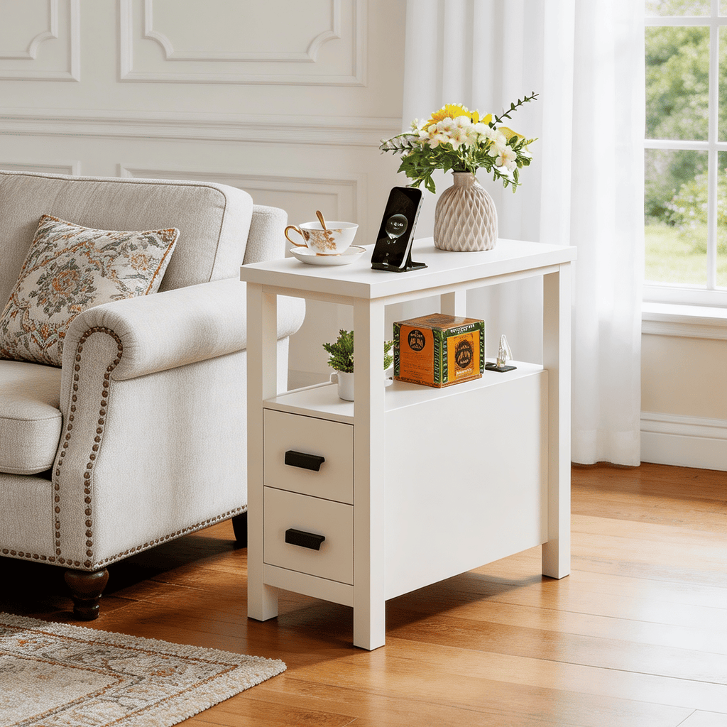 White End Table with Charging Station and Drawers