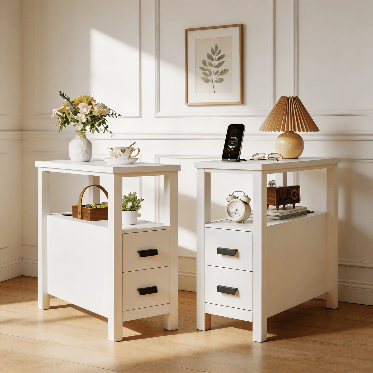 White End Table with Charging Station and Drawers