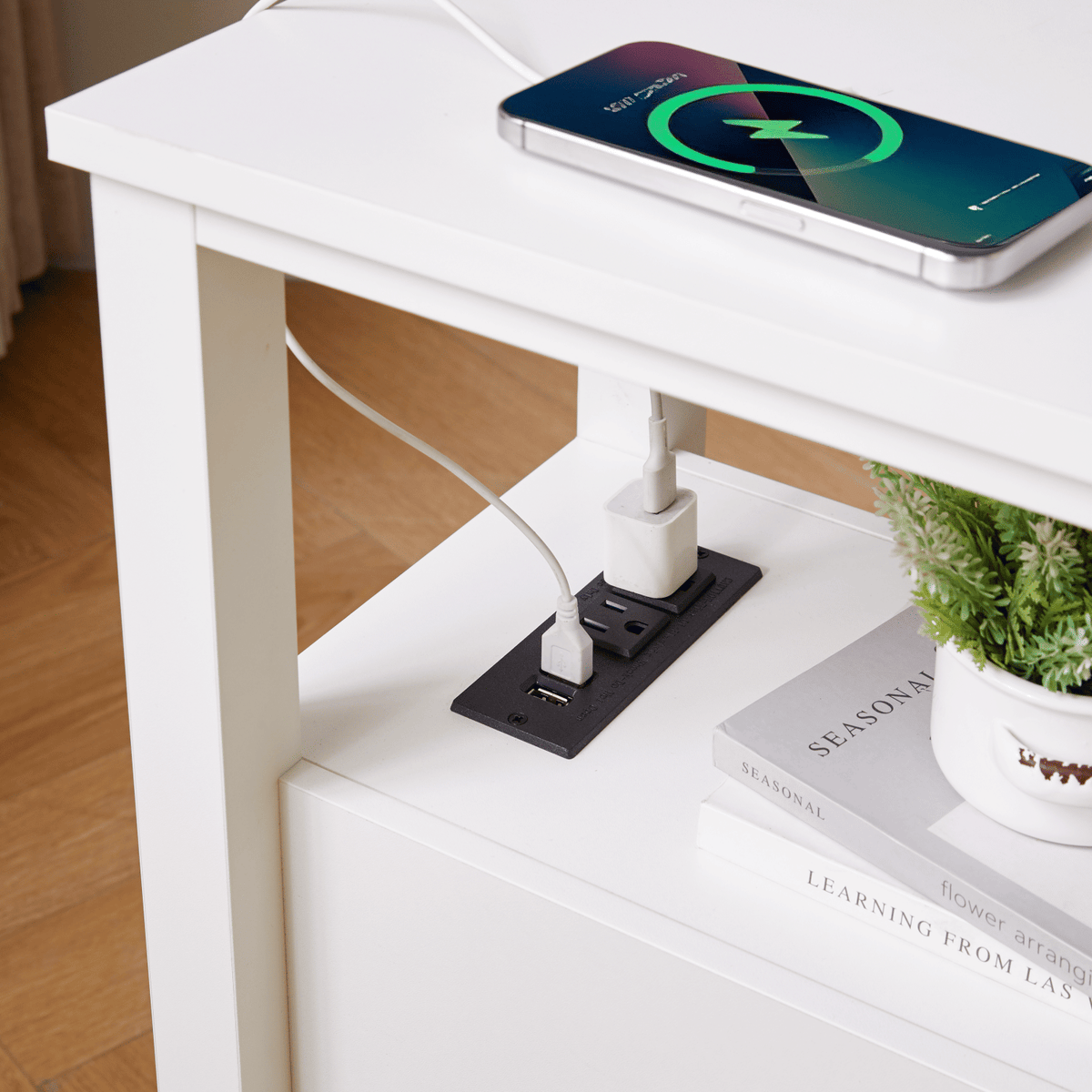White End Table with Charging Station and Drawers