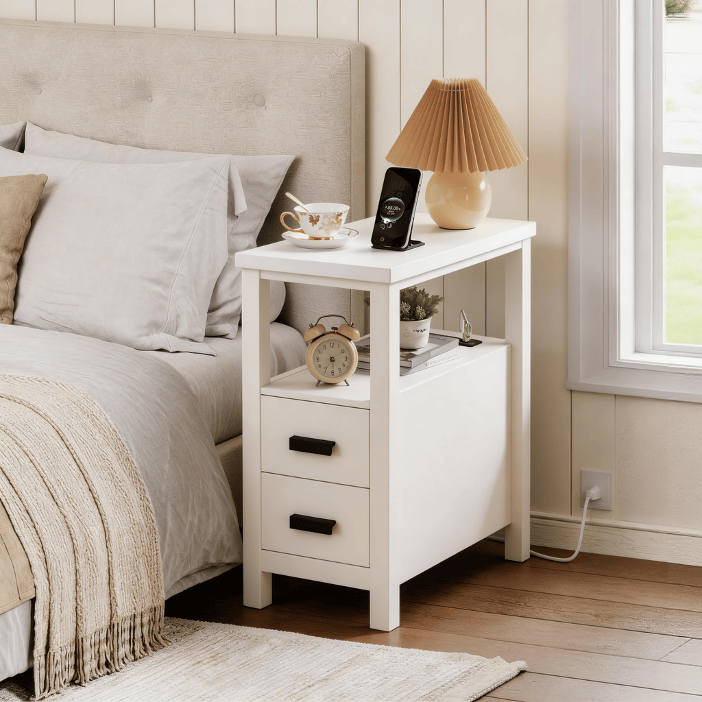 White End Table with Charging Station and Drawers