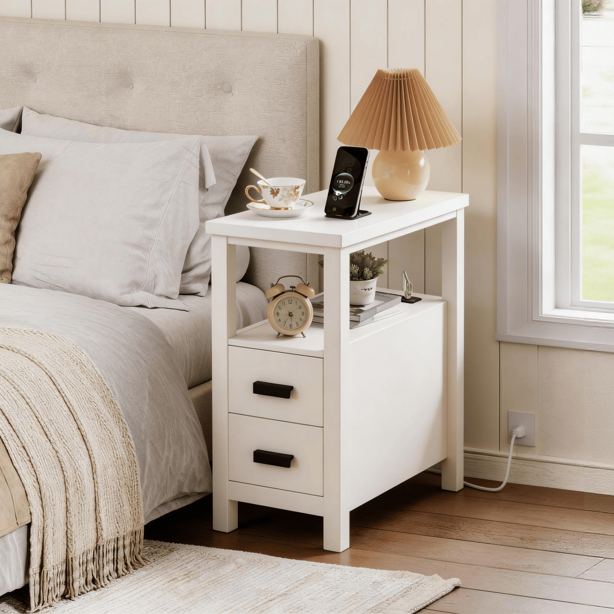 White End Table with Charging Station and Drawers