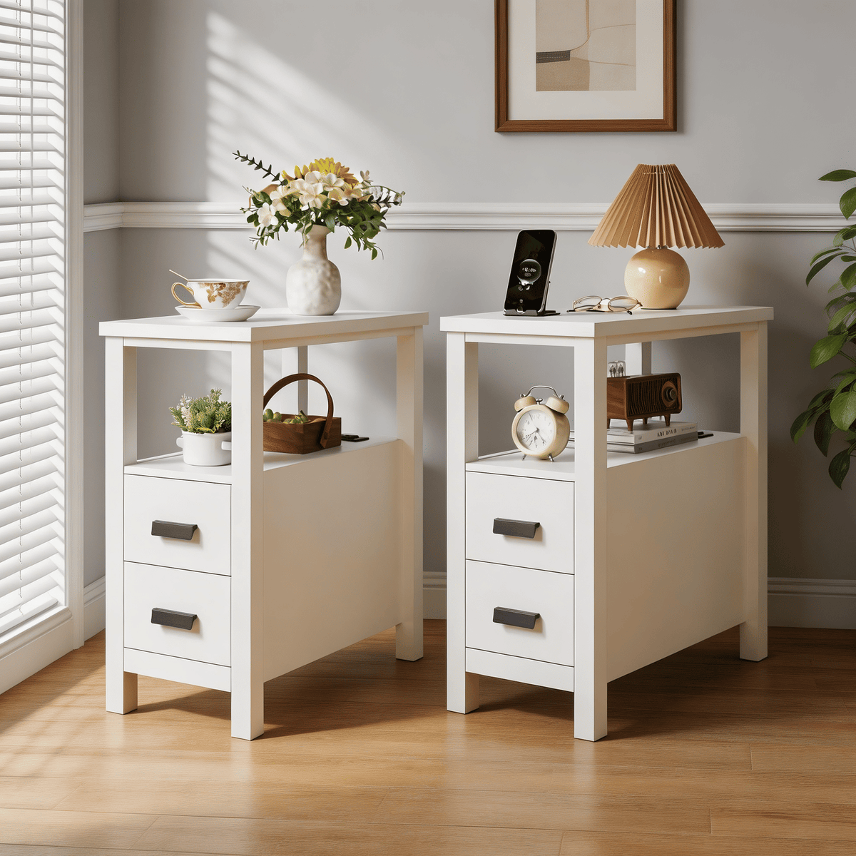 White End Table with Charging Station and Drawers