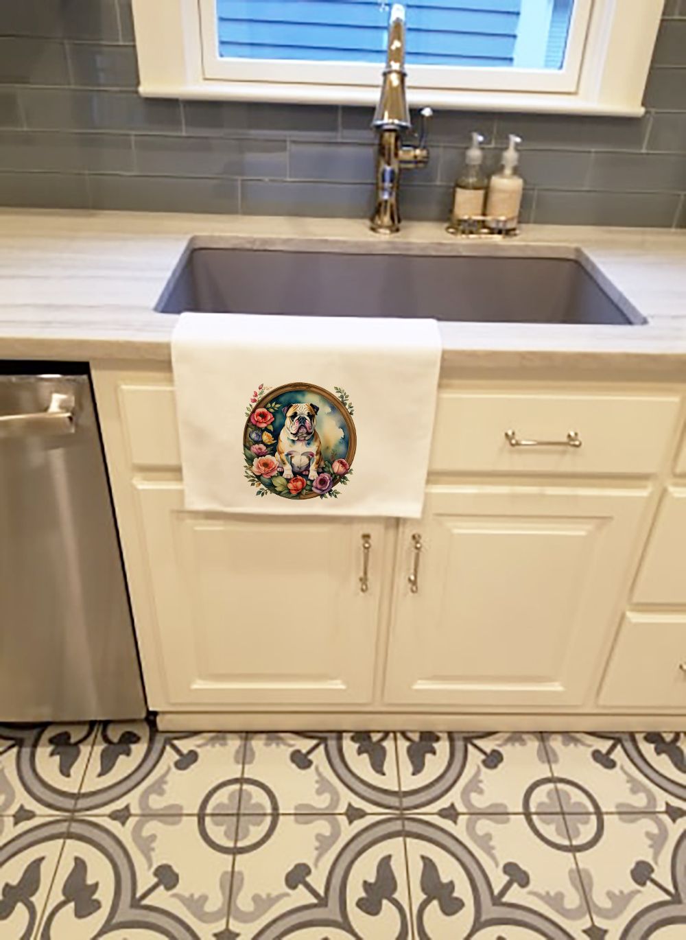 English Bulldog and Flowers Kitchen Towel Set