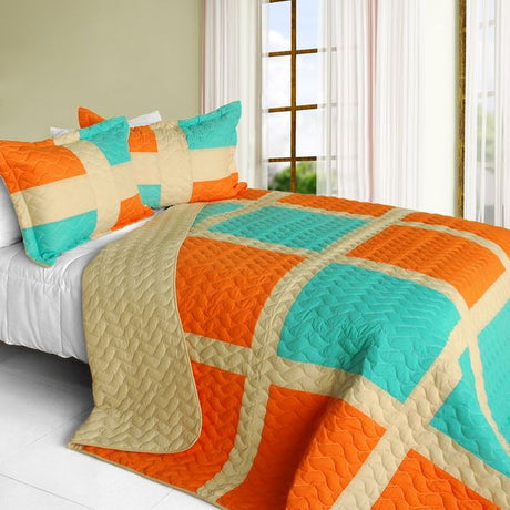 Vermicelli-Quilted Patchwork Quilt Set for Full/Queen Bed