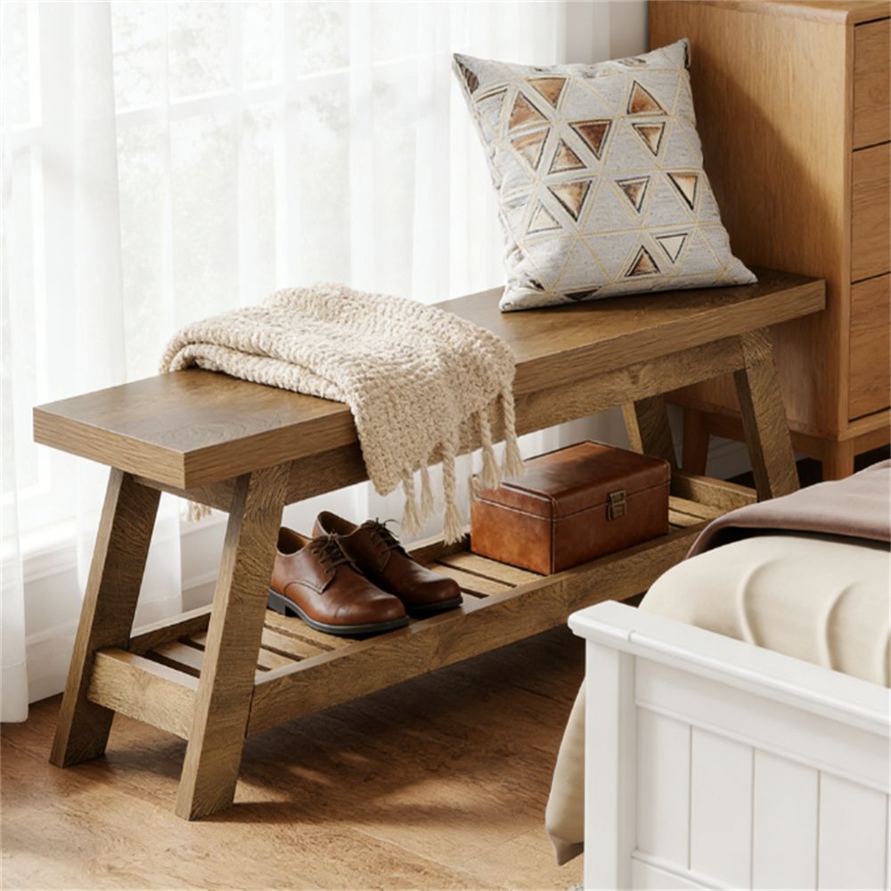 Warm Wood-Tone Entryway Bench with Shoe Shelf