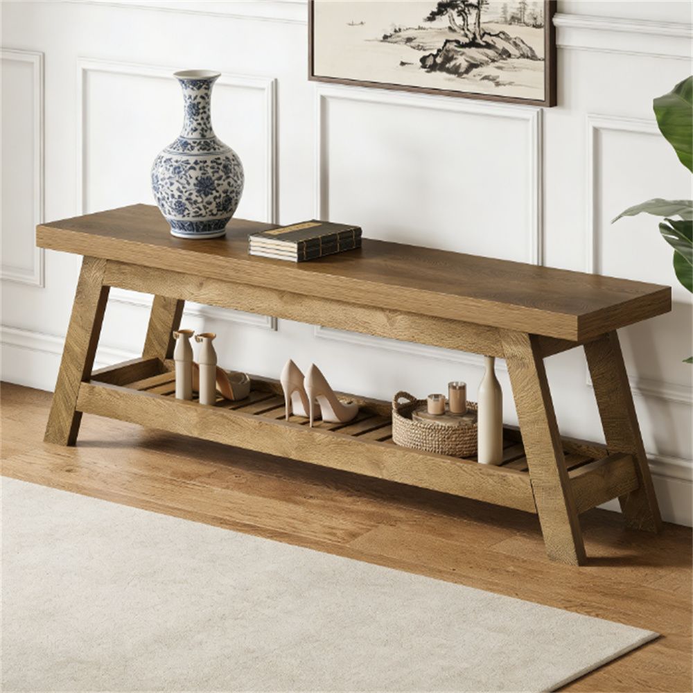 Warm Wood-Tone Entryway Bench with Shoe Shelf