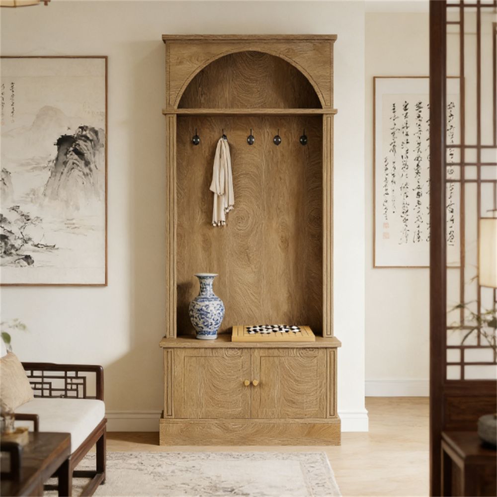 Arched Hall Tree with Shoe Cabinet, Bench, and Hooks