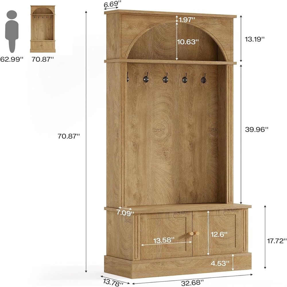 Arched Hall Tree with Shoe Cabinet, Bench, and Hooks