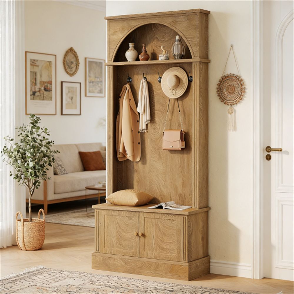 Arched Hall Tree with Shoe Cabinet, Bench, and Hooks