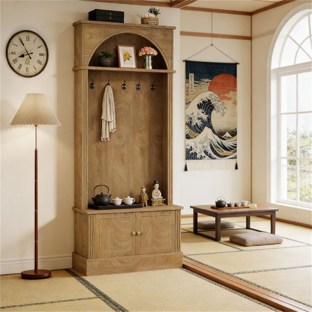 Arched Hall Tree with Shoe Cabinet, Bench, and Hooks