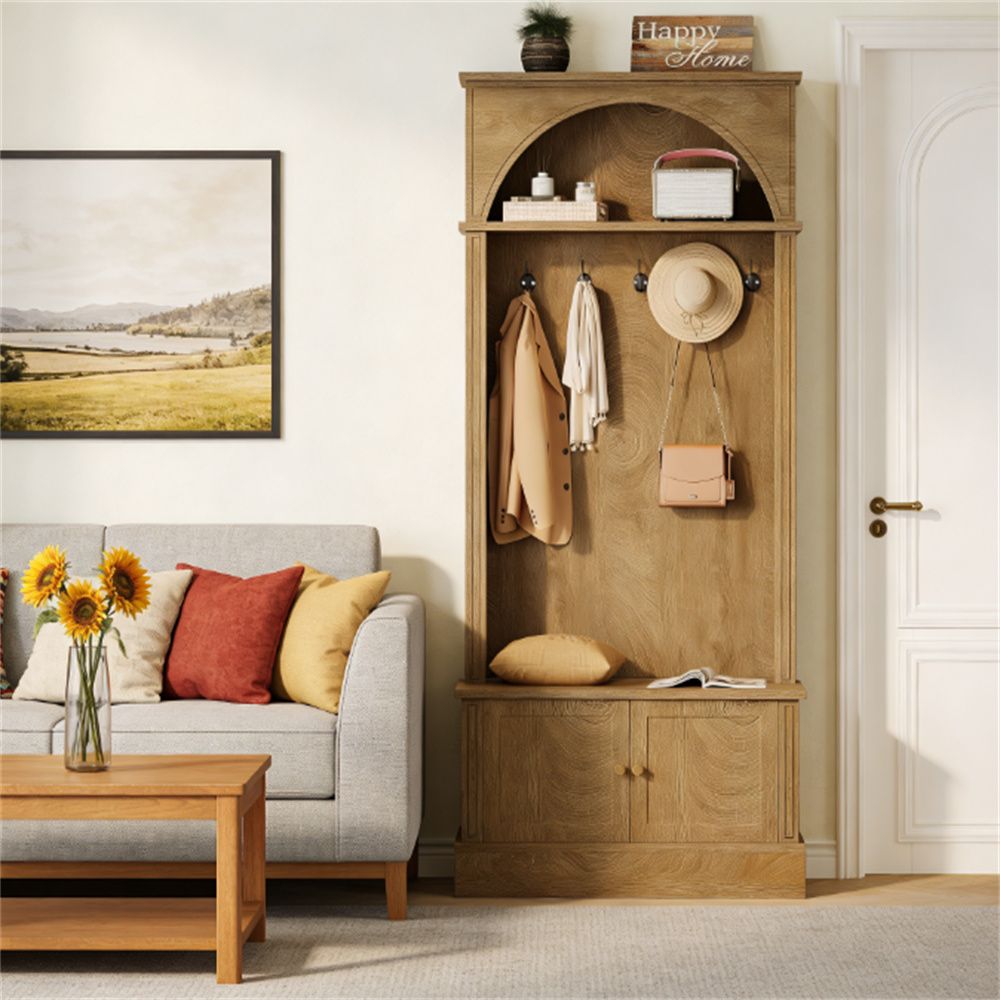 Arched Hall Tree with Shoe Cabinet, Bench, and Hooks