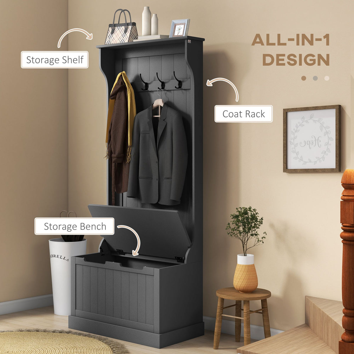 Entryway 3-In-1 Entryway Hall Tree with Storage Bench, Coat Rack with Four Hooks, and Shoe Storage