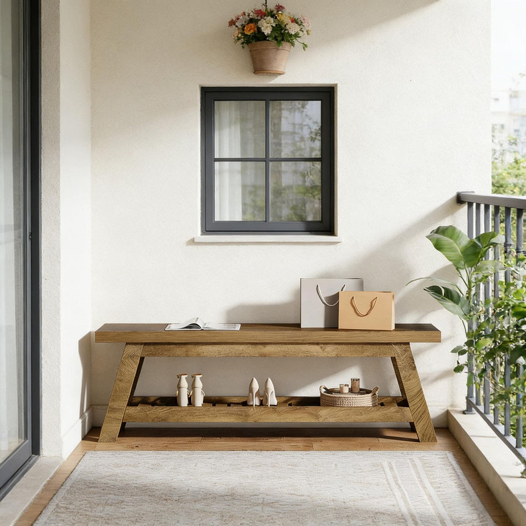 Wood-Tone Entryway Bench with Lower Shoe Shelf