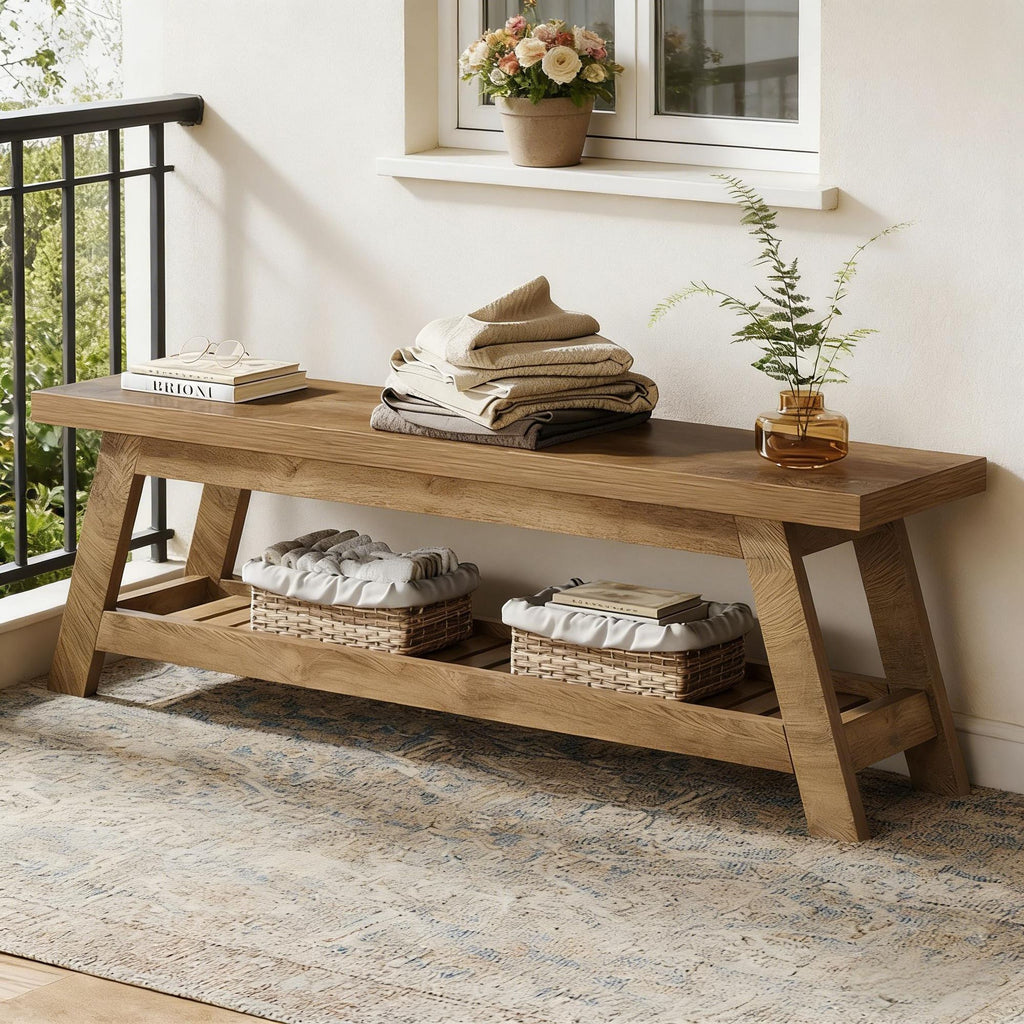 Wood-Tone Entryway Bench with Lower Shoe Shelf