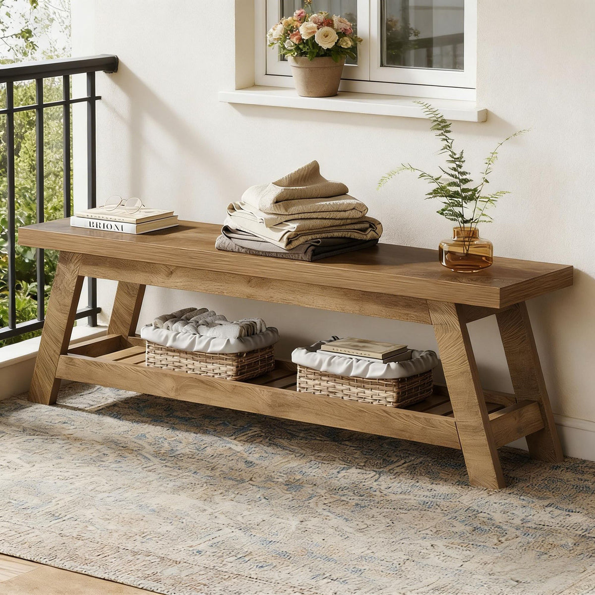 Wood-Tone Entryway Bench with Lower Shoe Shelf