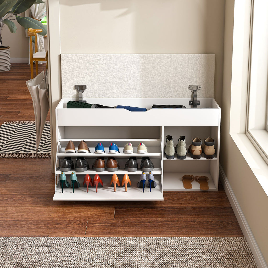 Elegant Entryway Bench with Hidden Storage and Rotating Shoe Rack
