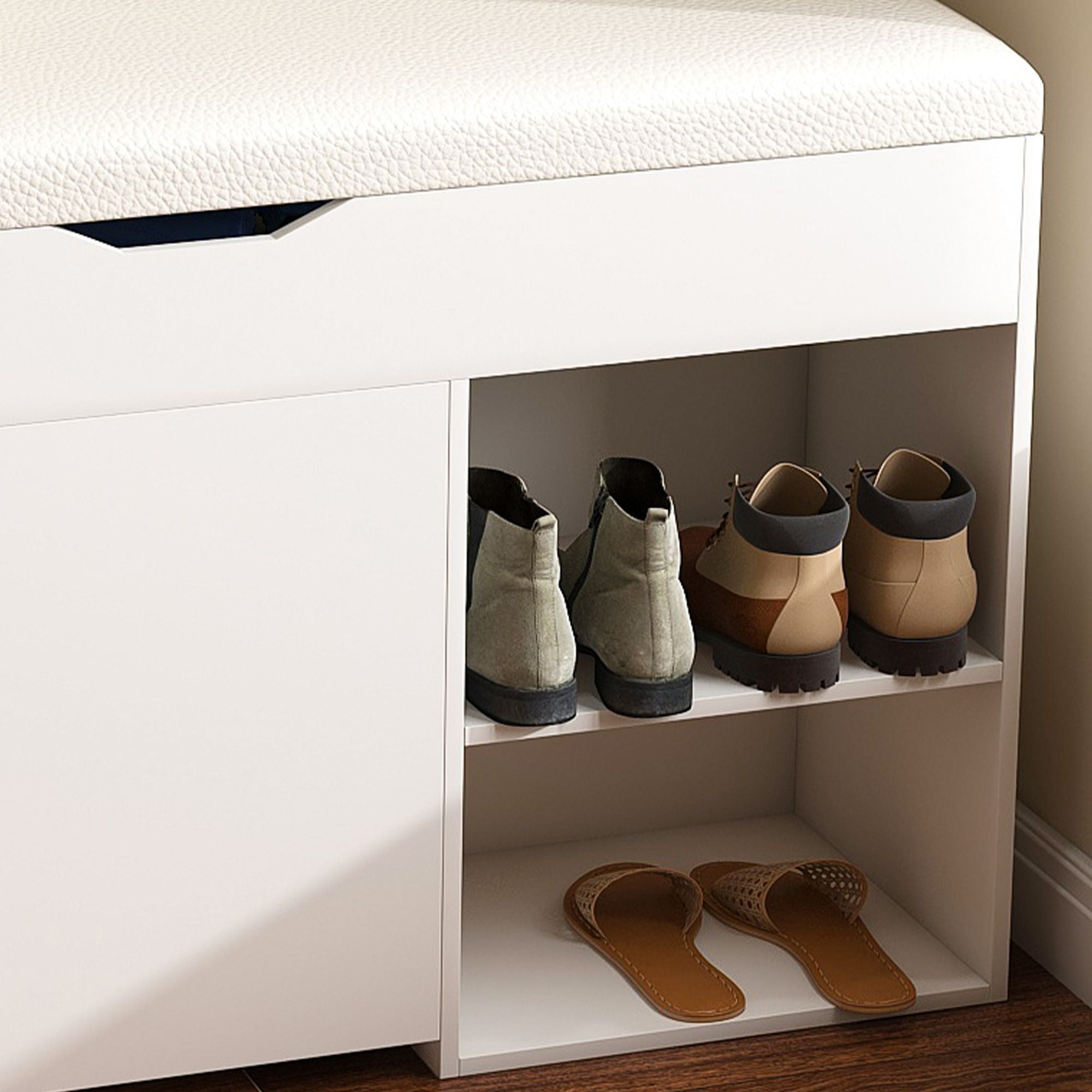 Elegant Entryway Bench with Hidden Storage and Rotating Shoe Rack