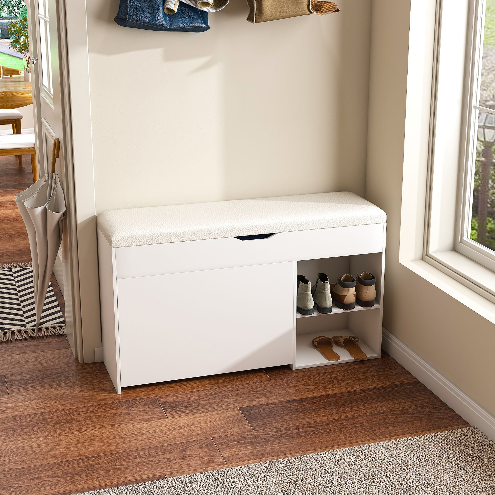 Elegant Entryway Bench with Hidden Storage and Rotating Shoe Rack