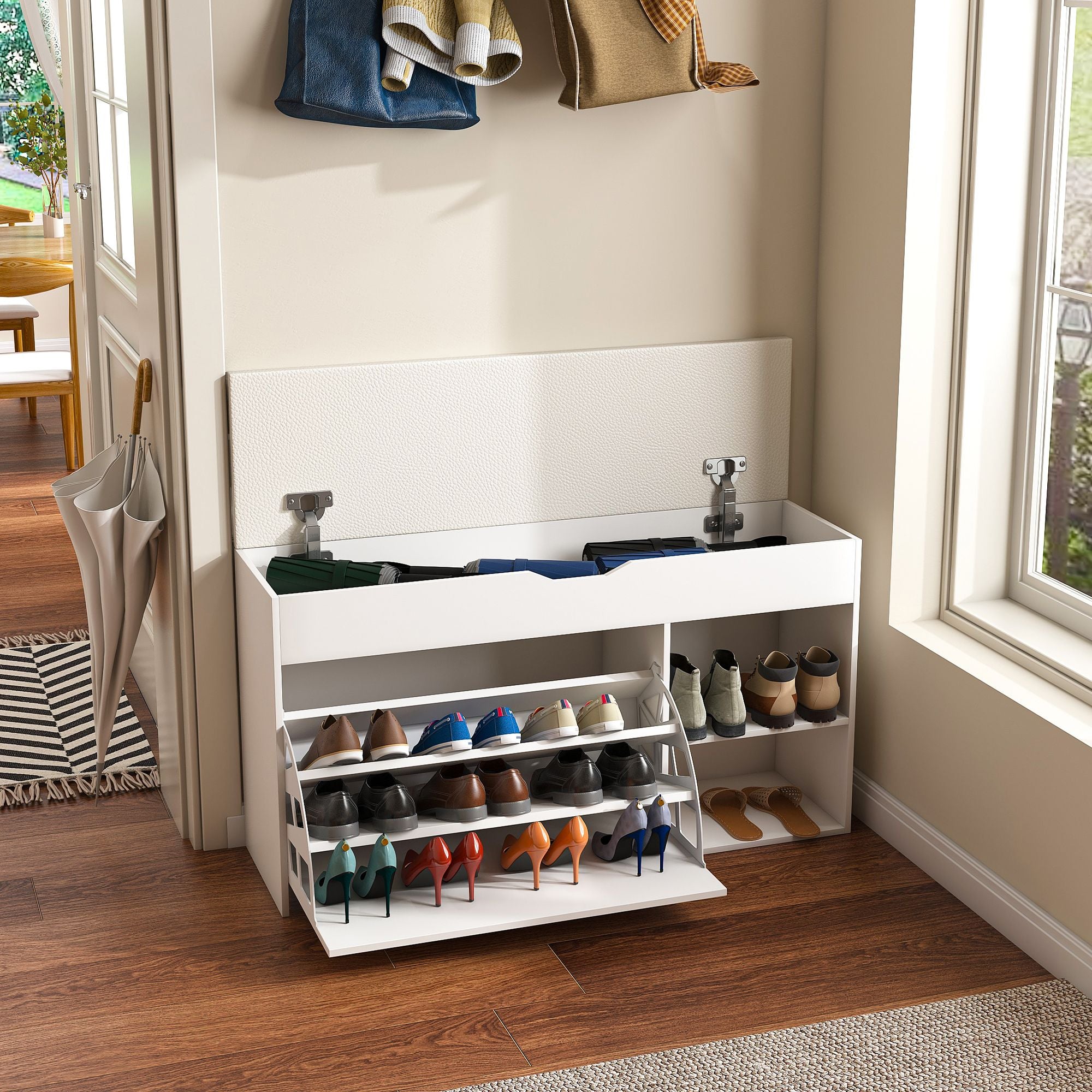 Elegant Entryway Bench with Hidden Storage and Rotating Shoe Rack