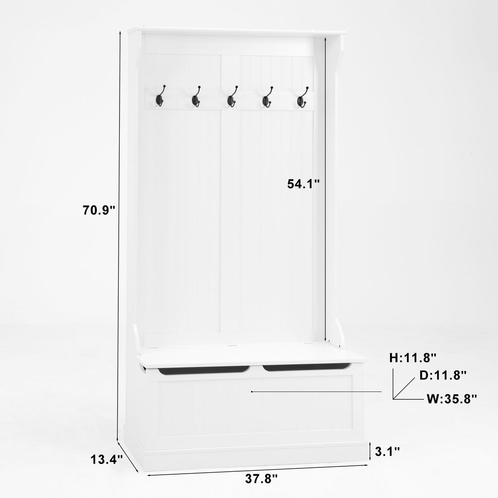 White Hall Tree with Bench, Hooks, and Hidden Storage