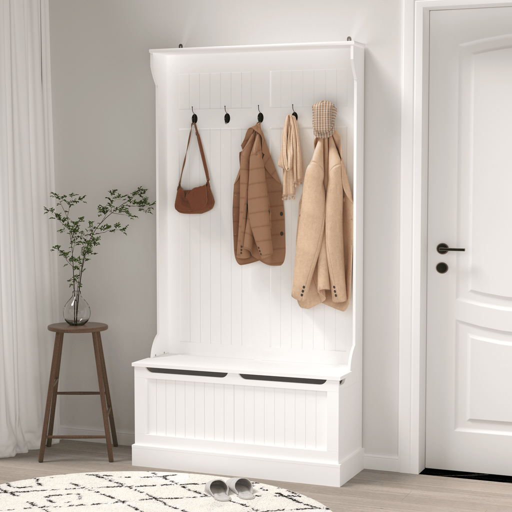 White Hall Tree with Bench, Hooks, and Hidden Storage