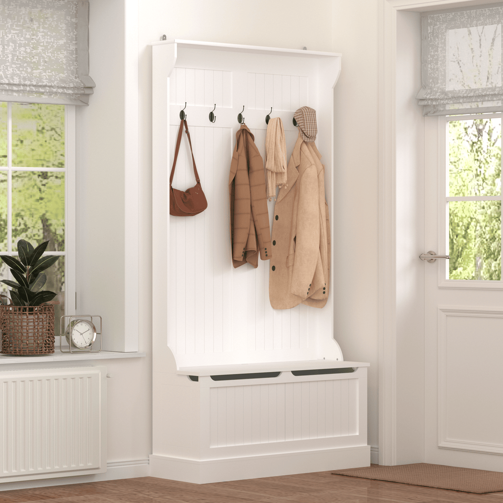 White Hall Tree with Bench, Hooks, and Hidden Storage