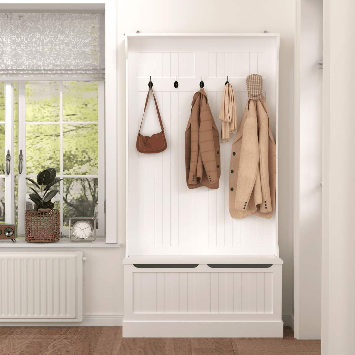 White Hall Tree with Bench, Hooks, and Hidden Storage
