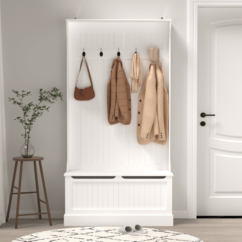 White Hall Tree with Bench, Hooks, and Hidden Storage