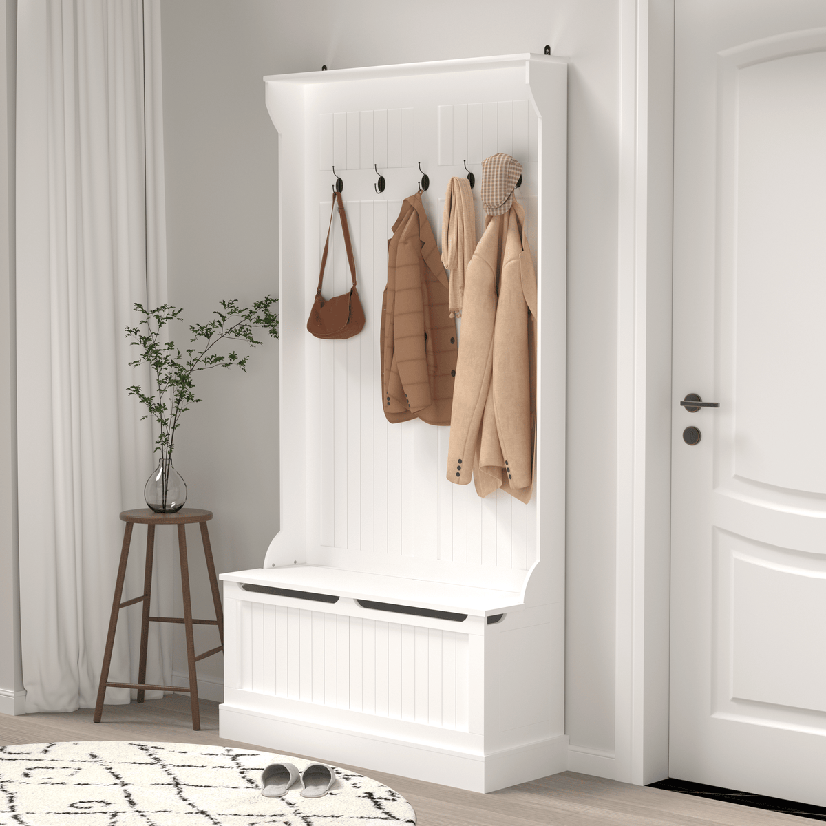 White Hall Tree with Bench, Hooks, and Hidden Storage