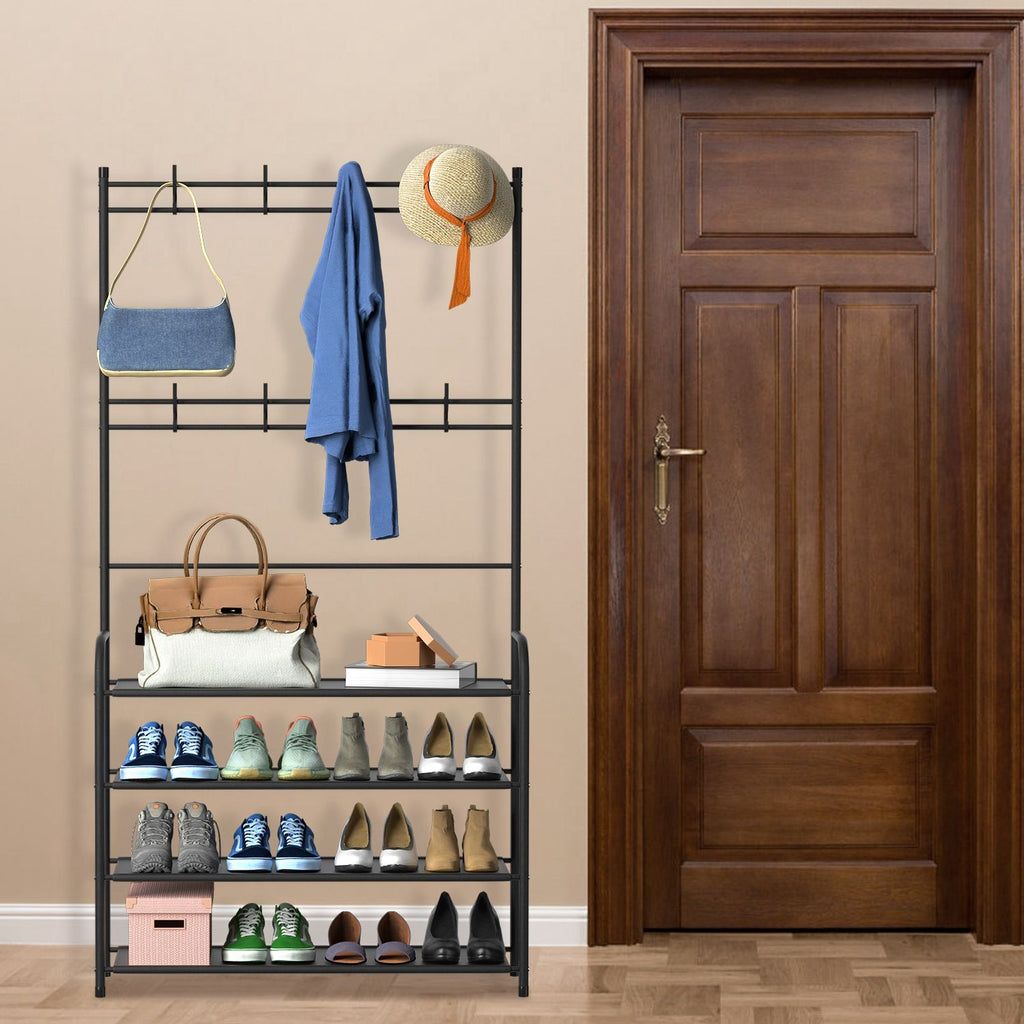 Freestanding Entryway Coat Hat Rack with Shoe Storage Shelf