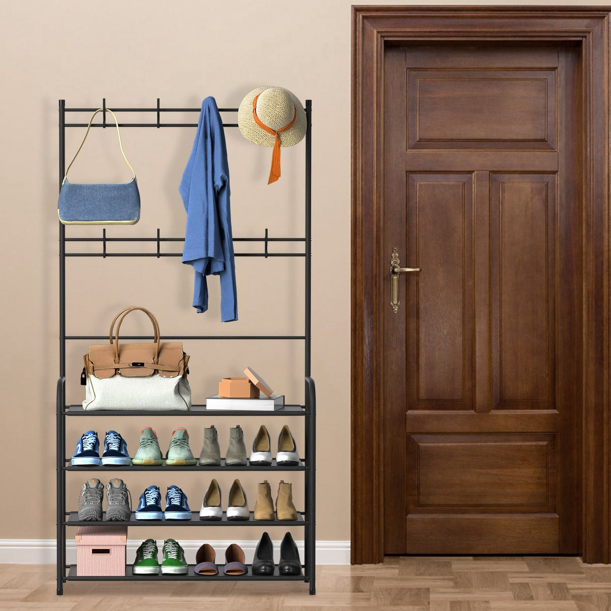 Freestanding Entryway Coat Hat Rack with Shoe Storage Shelf