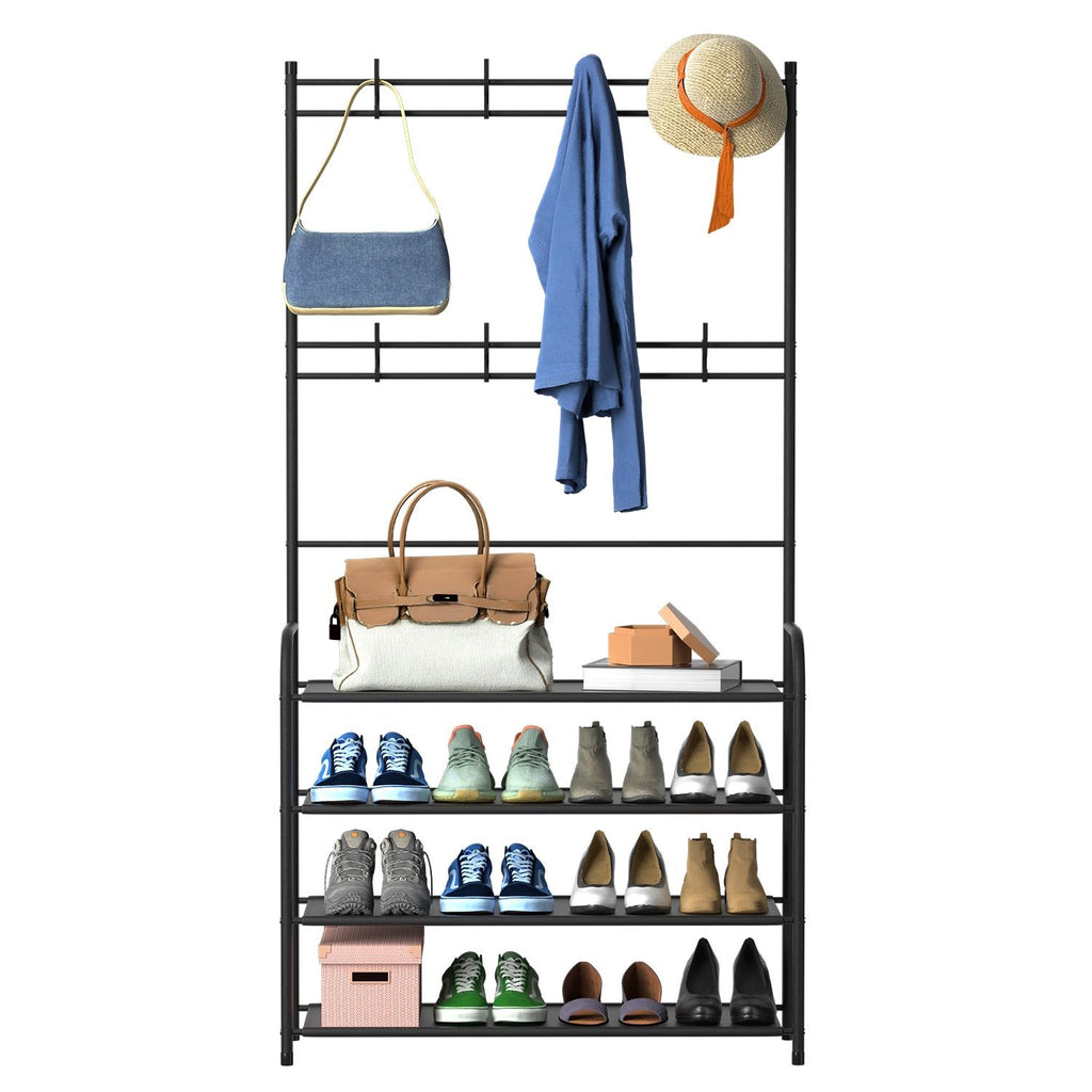 Freestanding Entryway Coat Hat Rack with Shoe Storage Shelf