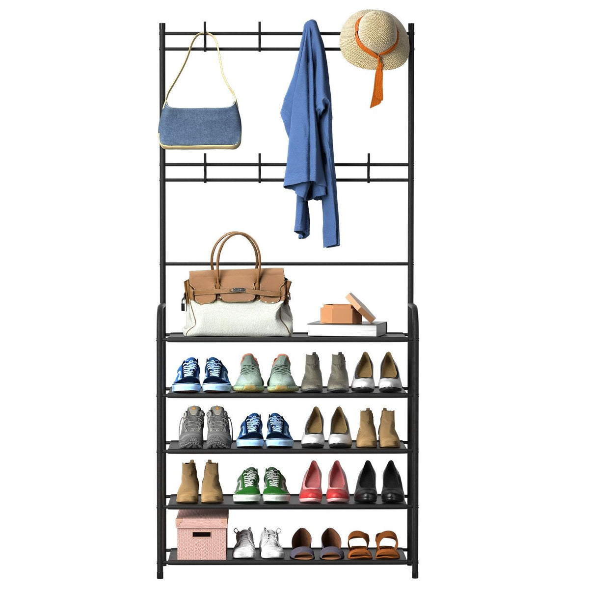 Freestanding Entryway Coat Hat Rack with Shoe Storage Shelf
