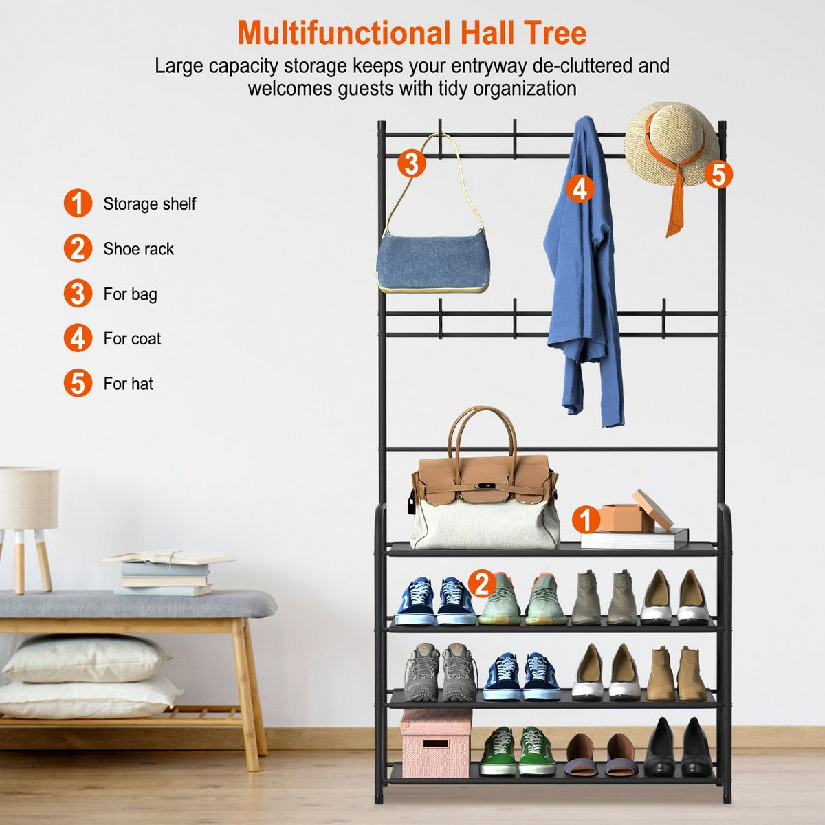 Freestanding Entryway Hall Tree with Shoe Shelves