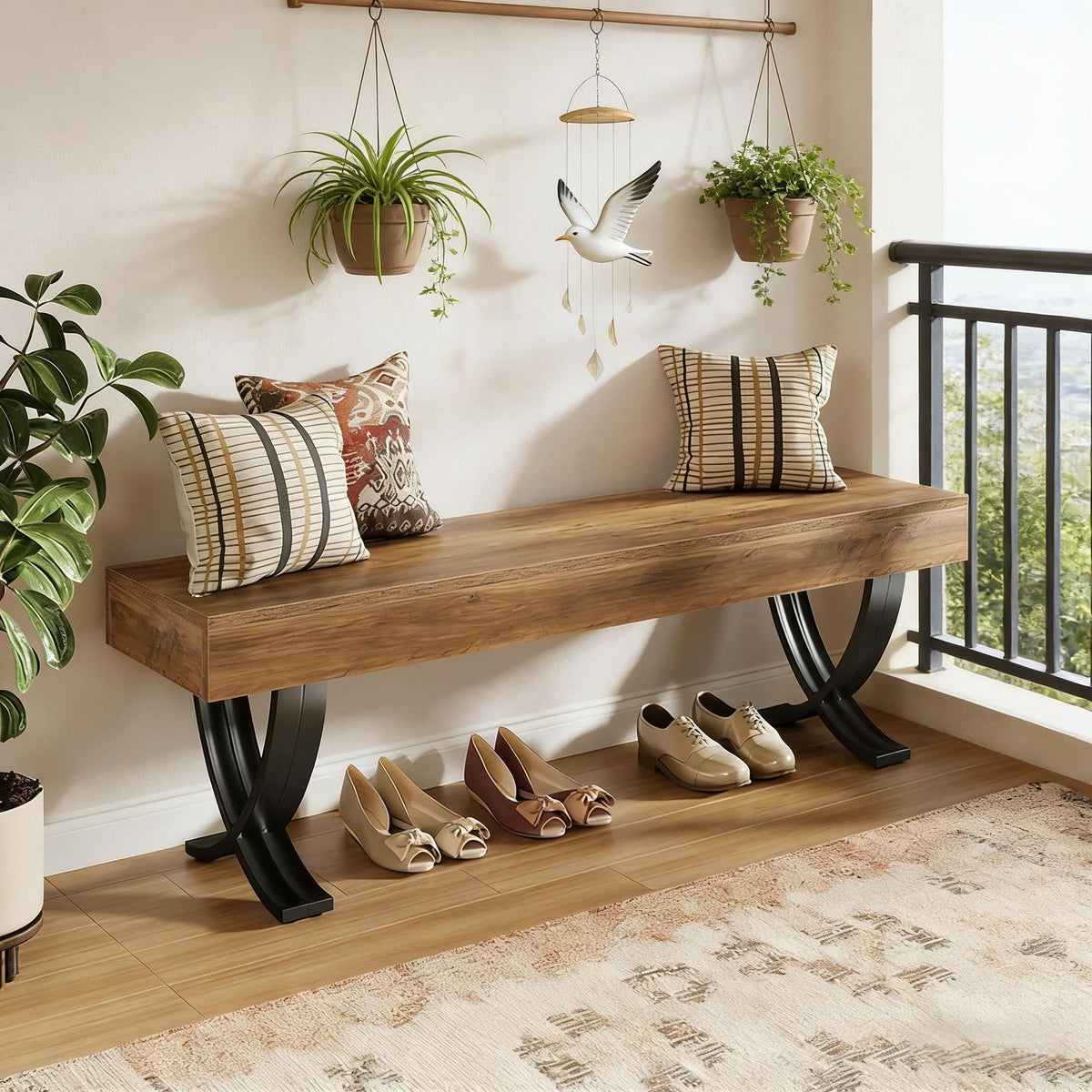 Rustic Industrial Entryway Bench with X-Shaped Legs