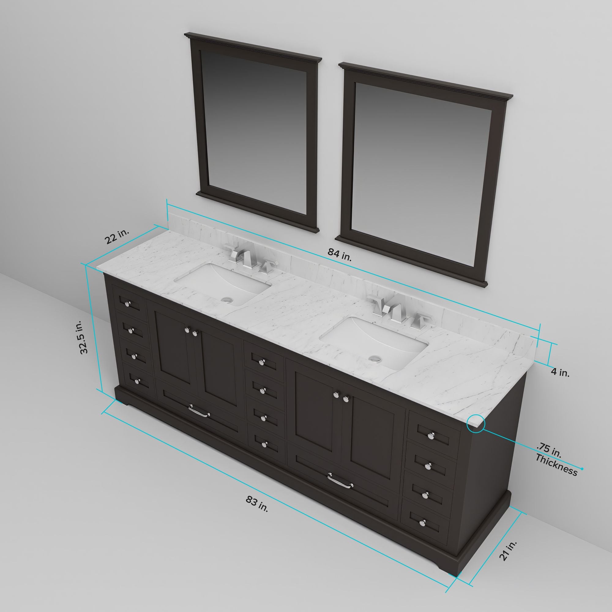 Espresso Double Bath Vanity with Carrara Marble Top and Mirrors